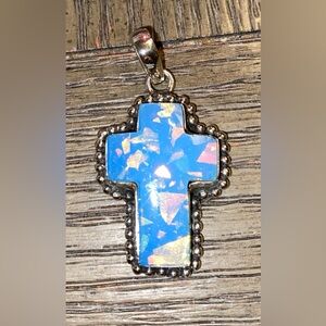 SOLD! Natural Australian Blue Opal Cross Pendant Set In 925 Sterling Silver
